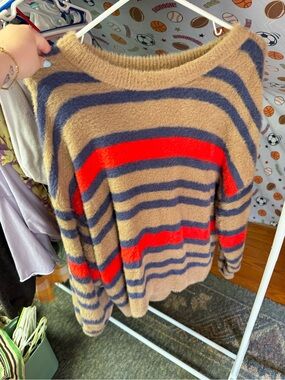 aerie Fuzzy Striped Crewneck Sweater in Tan, Navy & Red